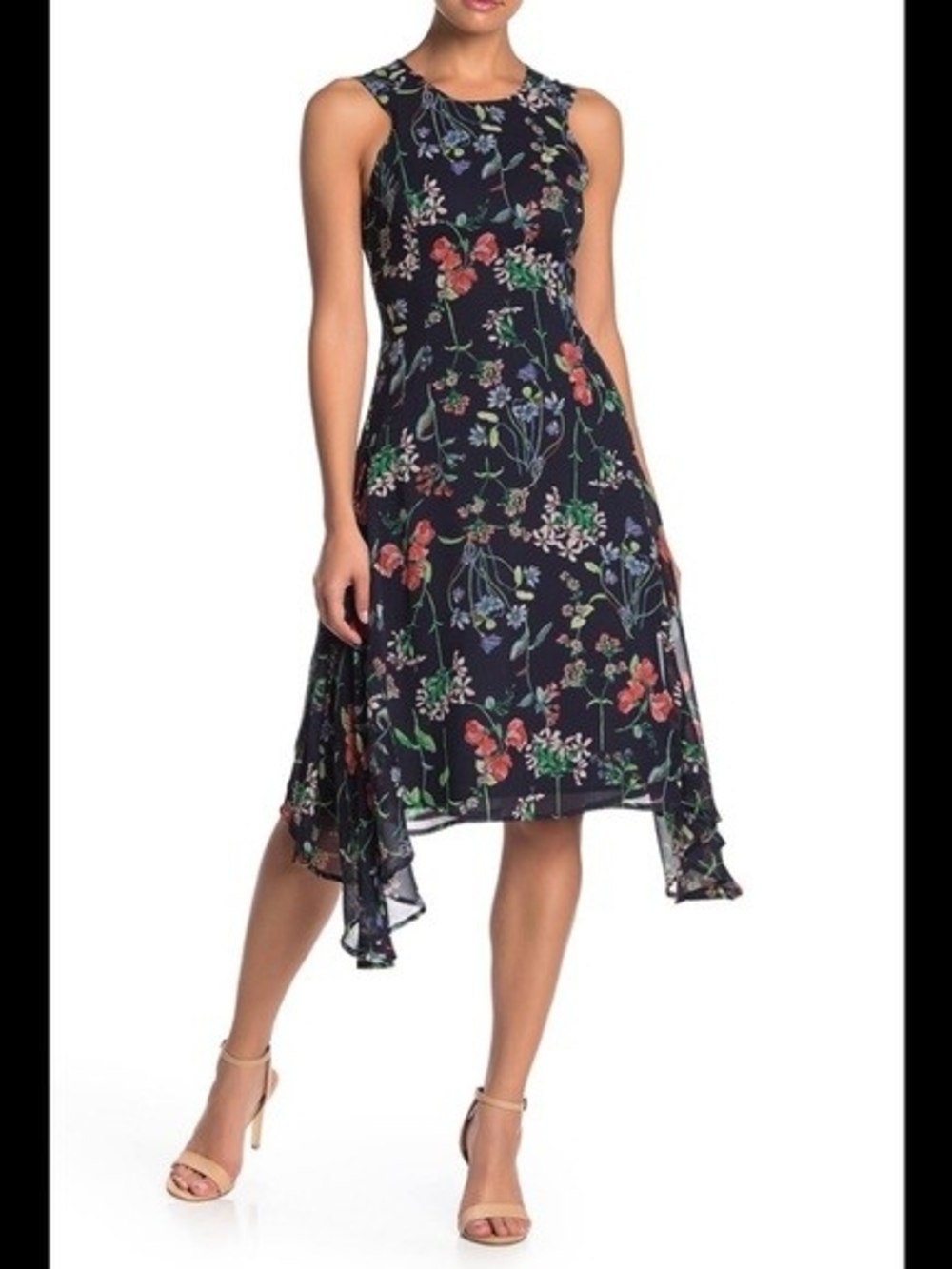 Tommy Hilfiger Floral Handkerchief Hem Chiffon Dress Navy Size 6 Perfect Cond